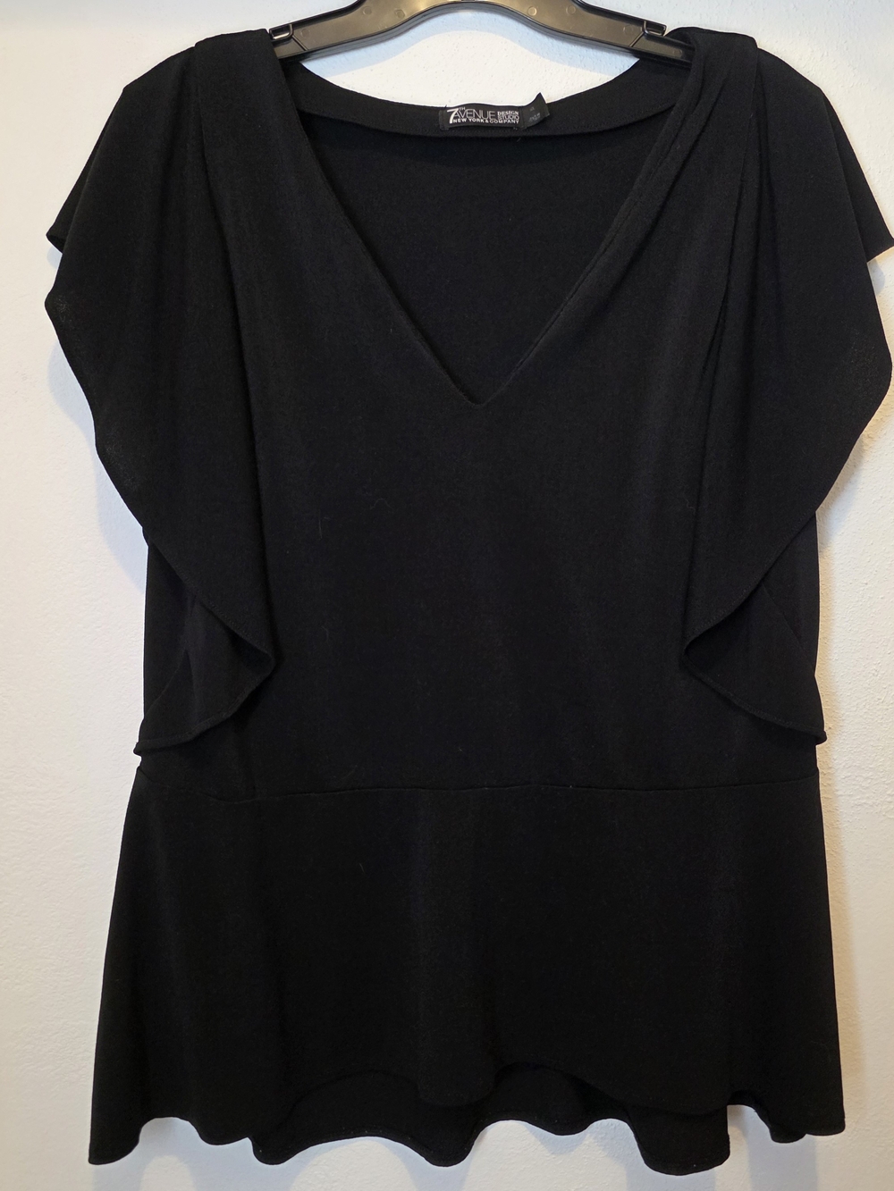 New York & Company Black V-Neck Flutter Sleeve Peplum Top